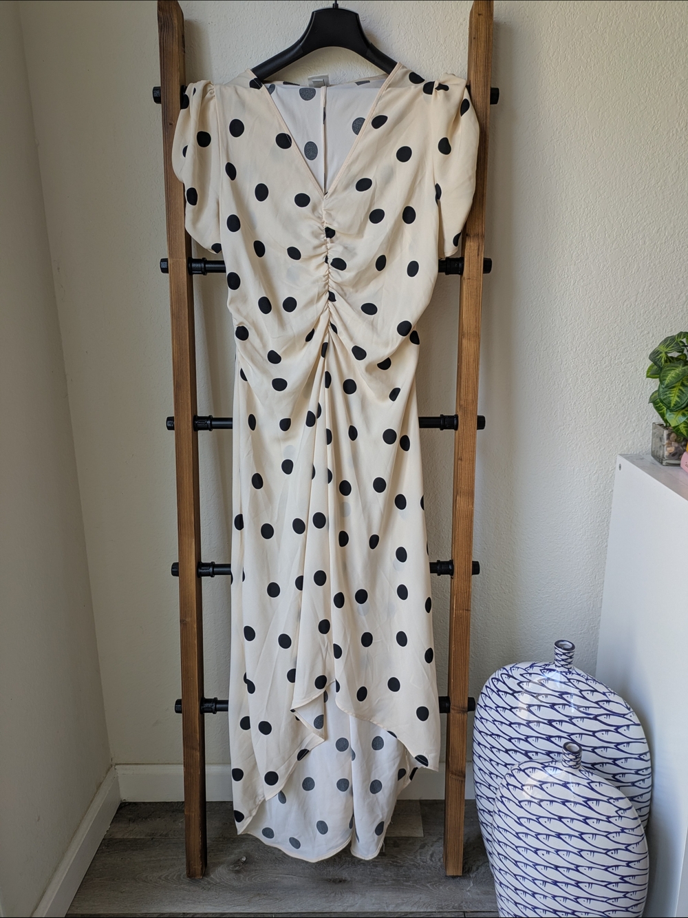A New Day Women's Polka Dot Ruched Midi Dress - Cream & Black